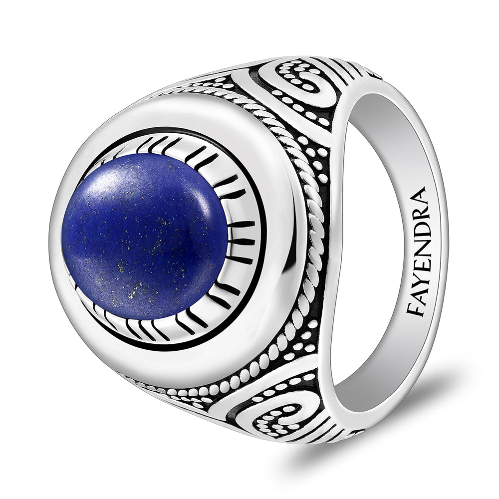 خاتم رجالي من الفضة الخالصة عيار925 مطلي روديوم و اسود مرصع حجر لابيس كابشون