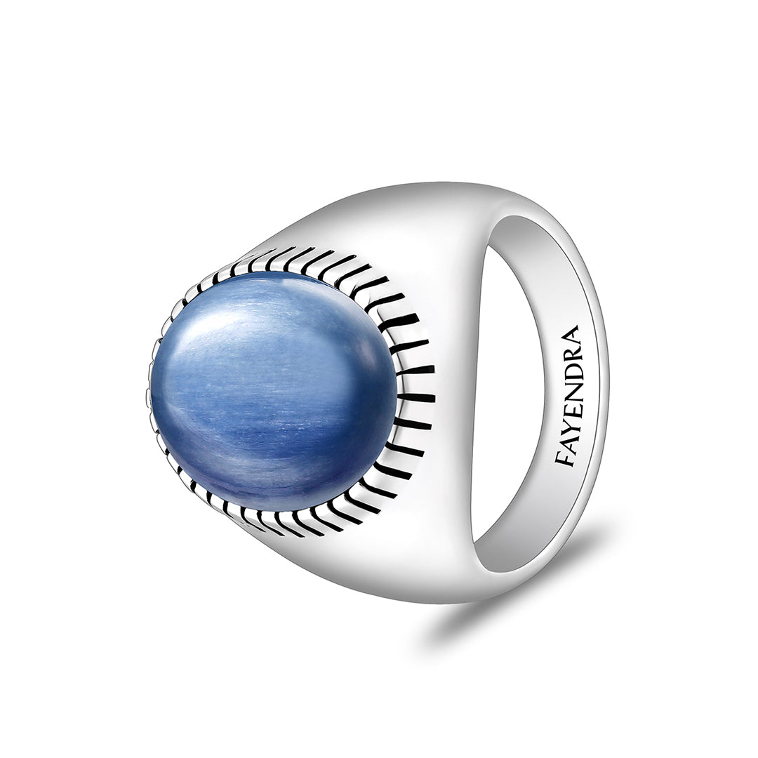 Sterling Silver 925 Ring Rhodium Plated Embedded With Natural Kyanite Cabochon For Men