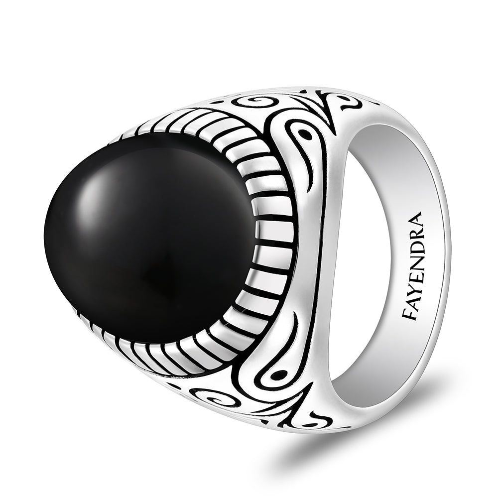 خاتم رجالي من الفضة الخالصة عيار 925 مطلي روديوم و اسود مرصع عقيق اسود طبيعي كابشون