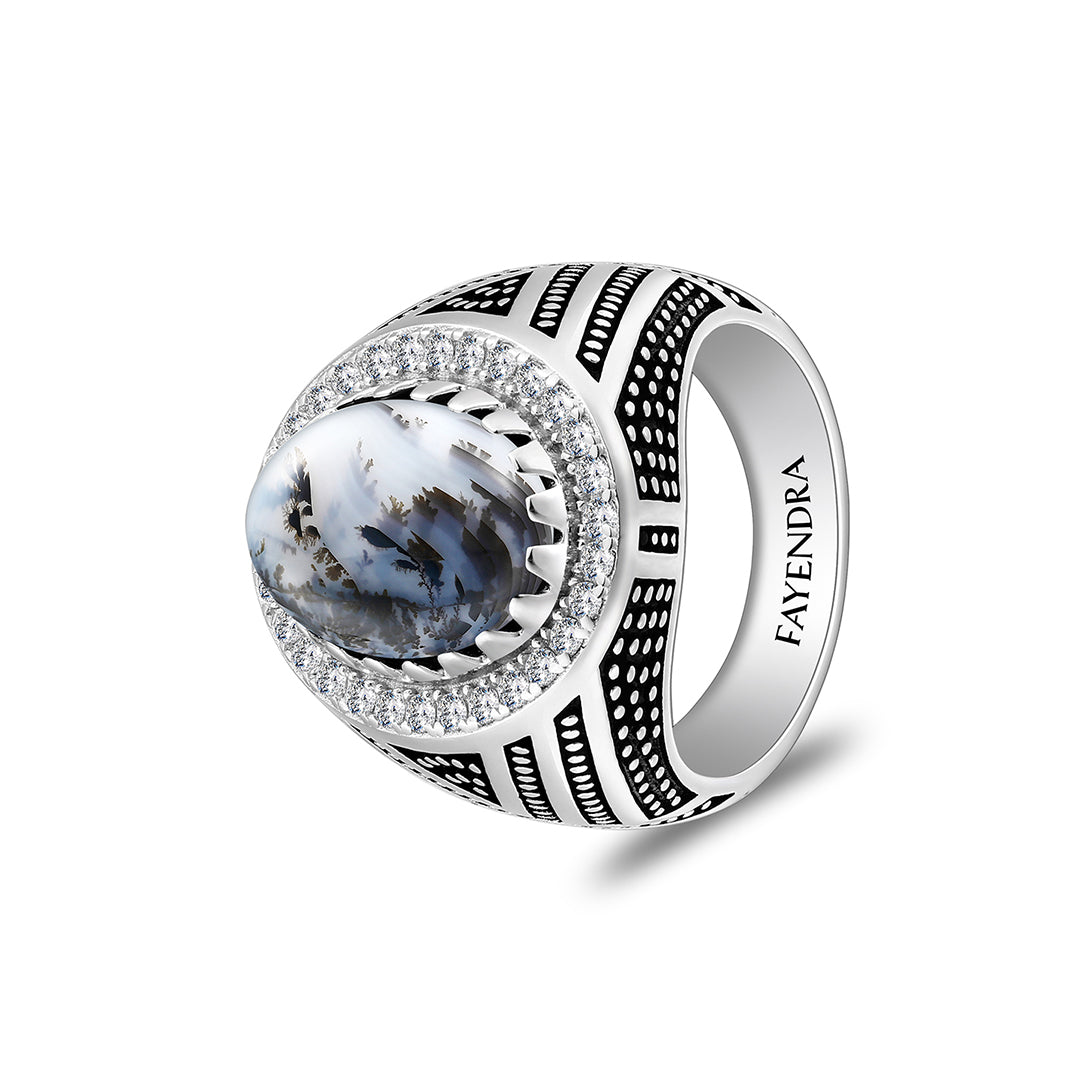 خاتم رجالي من الفضة الخالصة عيار 925 مطلي روديوم و اسود مرصع احجار عقيق مشجر طبيعي كابشون و فص ابيض