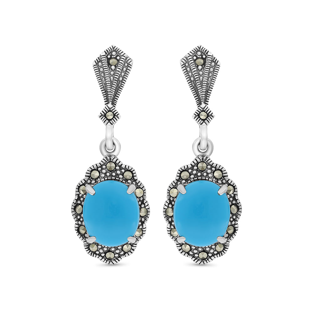 Sterling Silver 925 Earring Embedded With Natural Processed Turquoise And Marcasite Stones