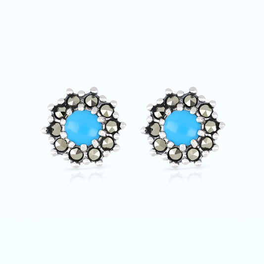 Sterling Silver 925 Earring Embedded With Natural Processed Turquoise And Marcasite Stones