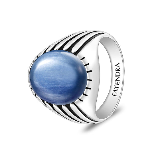 خاتم رجالي من الفضة الخالصة عيار 925 مطلي روديوم و اسود مرصع كيانيت طبيعي كابشون