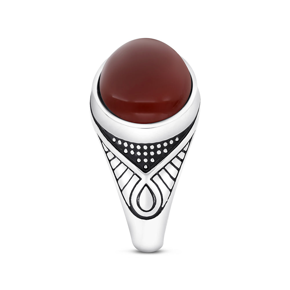 Sterling Silver 925 Ring Rhodium And Black Plated Embedded With Red Natural Aqiq For Men