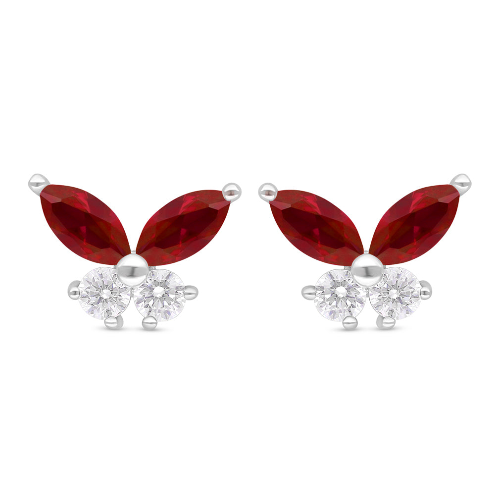 Sterling Silver 925 Earring Rhodium Plated Embedded With Ruby Corundum And White Zircon