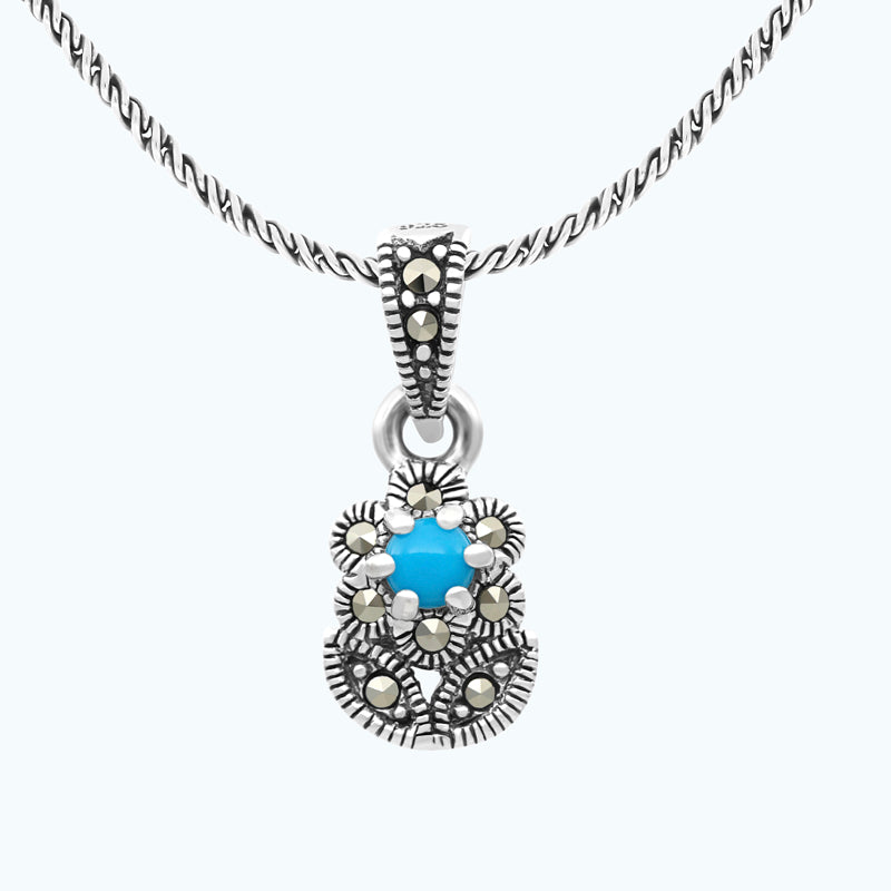 Sterling Silver 925 Pendant Embedded With Natural Processed Turquoise And Marcasite Stones