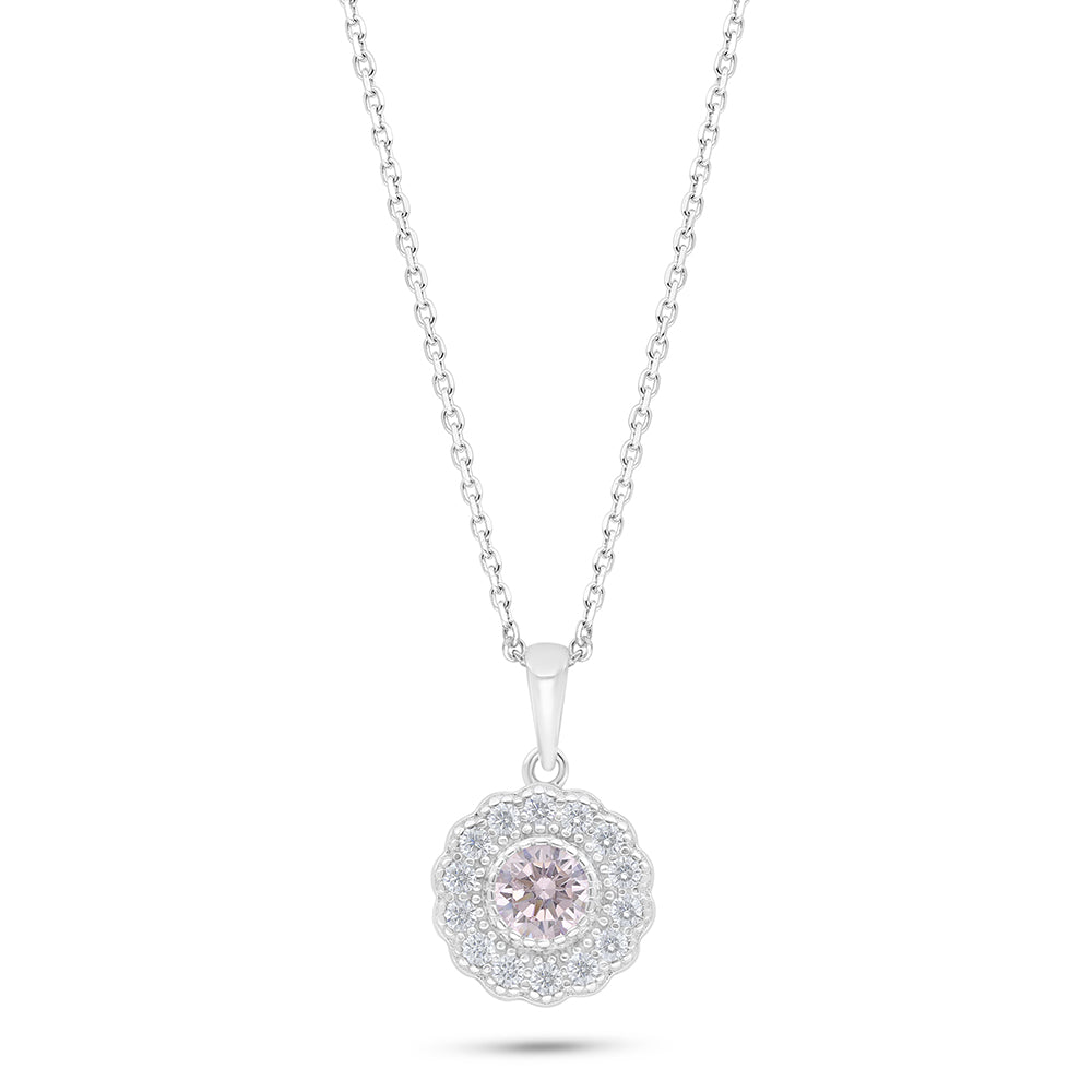 Sterling Silver 925 Necklace Rhodium Plated Embedded With Pink Zircon And White Zircon
