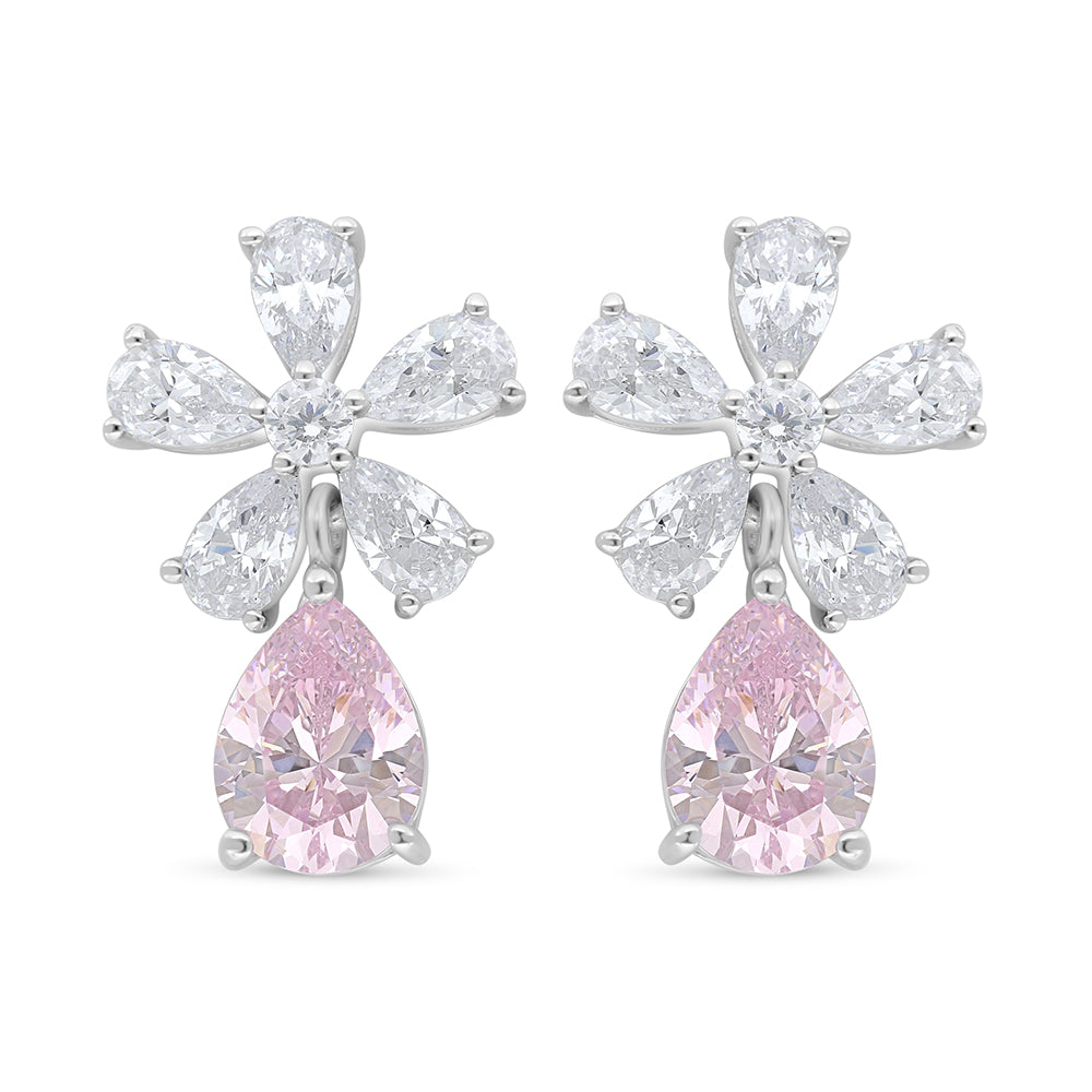 Sterling Silver 925 Earring Rhodium Plated Embedded With Pink Zircon And White Zircon