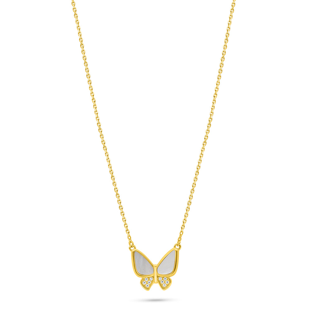 Sterling Silver 925 Necklace Golden Plated Embedded With white shell And White Zircon