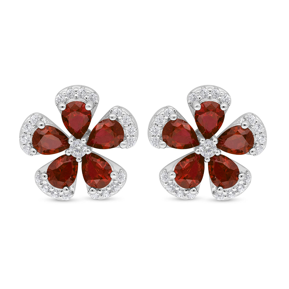 Sterling Silver 925 Earring Rhodium Plated Embedded With Ruby Corundum And White Zircon