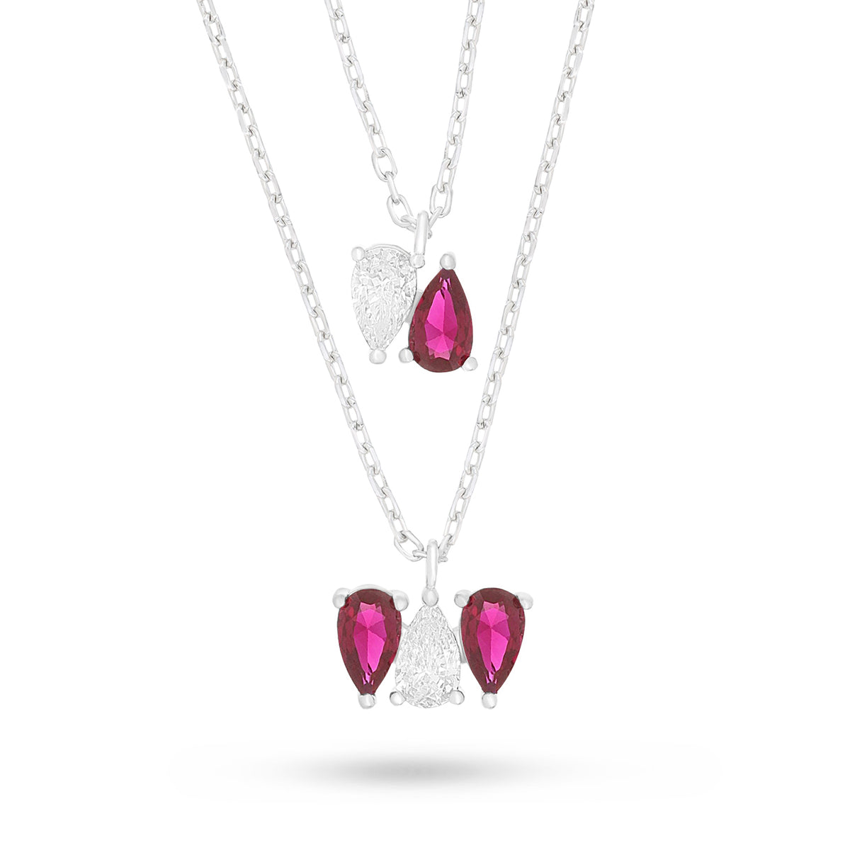 Sterling Silver 925 Necklace Rhodium Plated Embedded With Ruby Corundum And White Zircon
