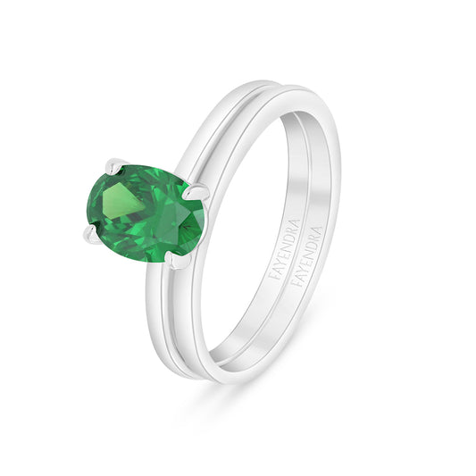 Sterling Silver 925 Ring (Twins) Rhodium Plated Embedded With Emerald Zircon