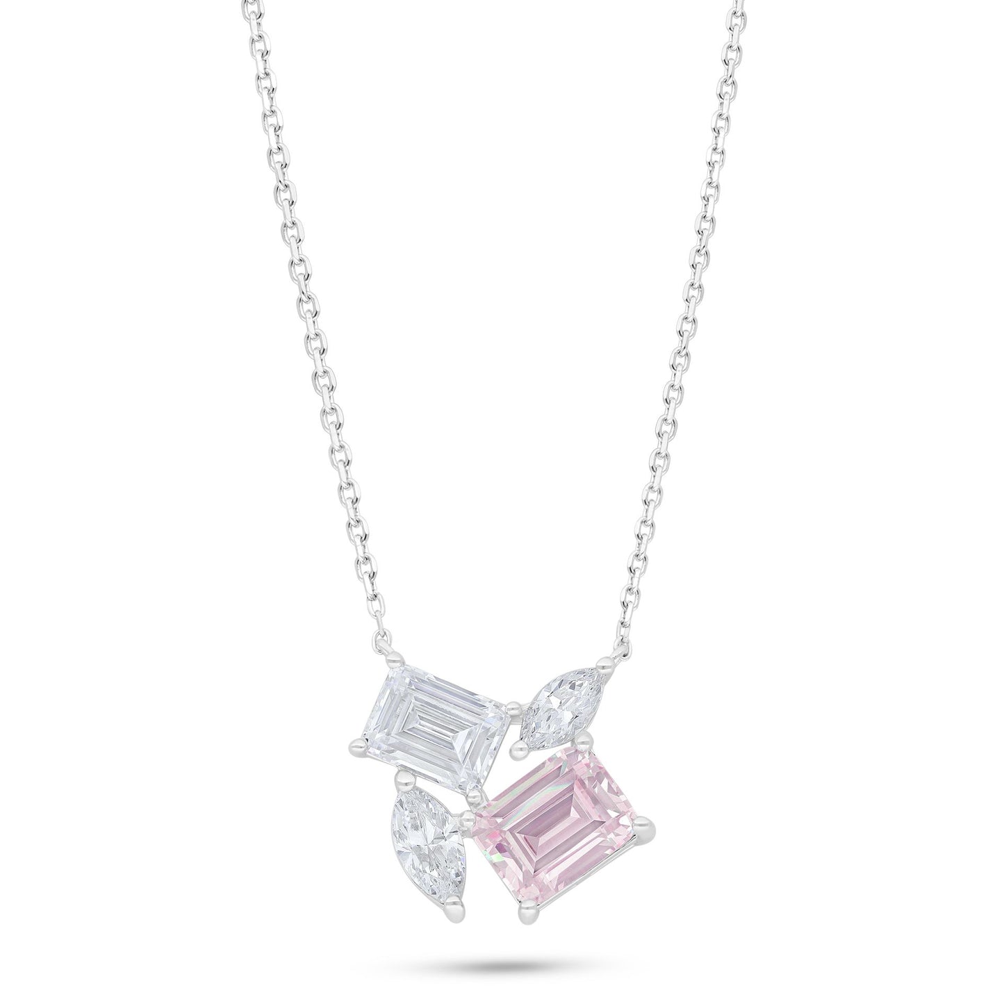 Sterling Silver 925 Necklace Rhodium Plated Embedded With Pink Zircon And White Zircon