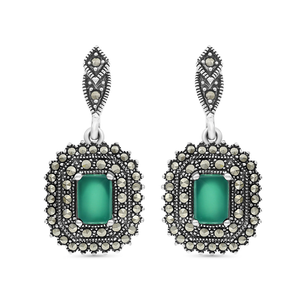 Sterling Silver 925 Earring Embedded With Natural Green Agate And Marcasite Stones