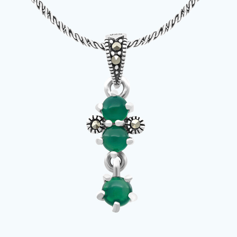 Sterling Silver 925 Pendant Embedded With Natural Green Agate And Marcasite Stones