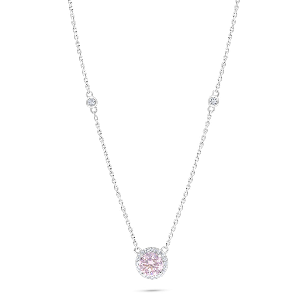 Sterling Silver 925 Necklace Rhodium Plated Embedded With Pink Zircon And White Zircon