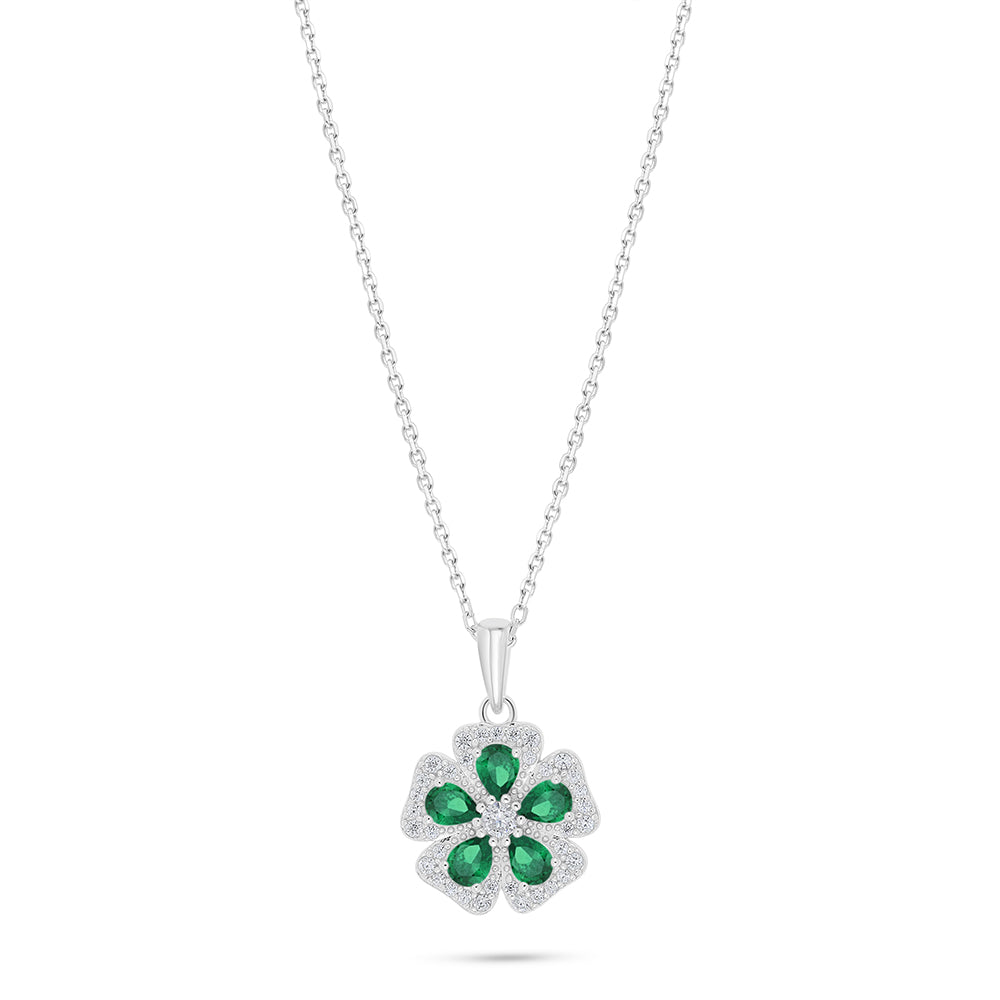 Sterling Silver 925 Necklace Rhodium Plated Embedded With Emerald Zircon And White Zircon