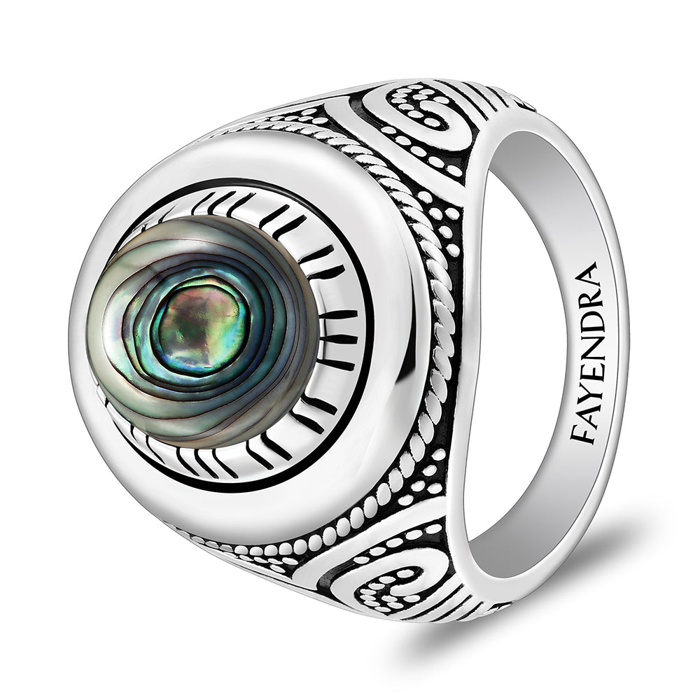 خاتم رجالي من الفضة الخالصة عيار 925 مطلي روديوم و اسود مرصع احجار صدف استرالي كابشون