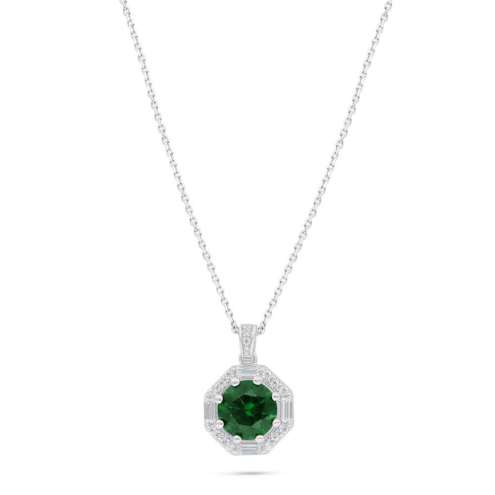 Sterling Silver 925 Necklace Rhodium Plated Embedded With Emerald Zircon And White Zircon