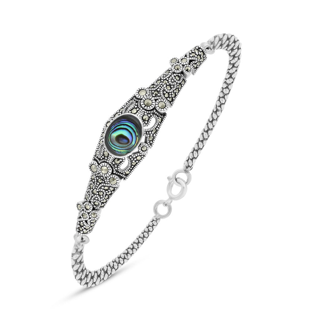 Sterling Silver 925 Bracelet Embedded With Natural Blue Shell And Marcasite Stones