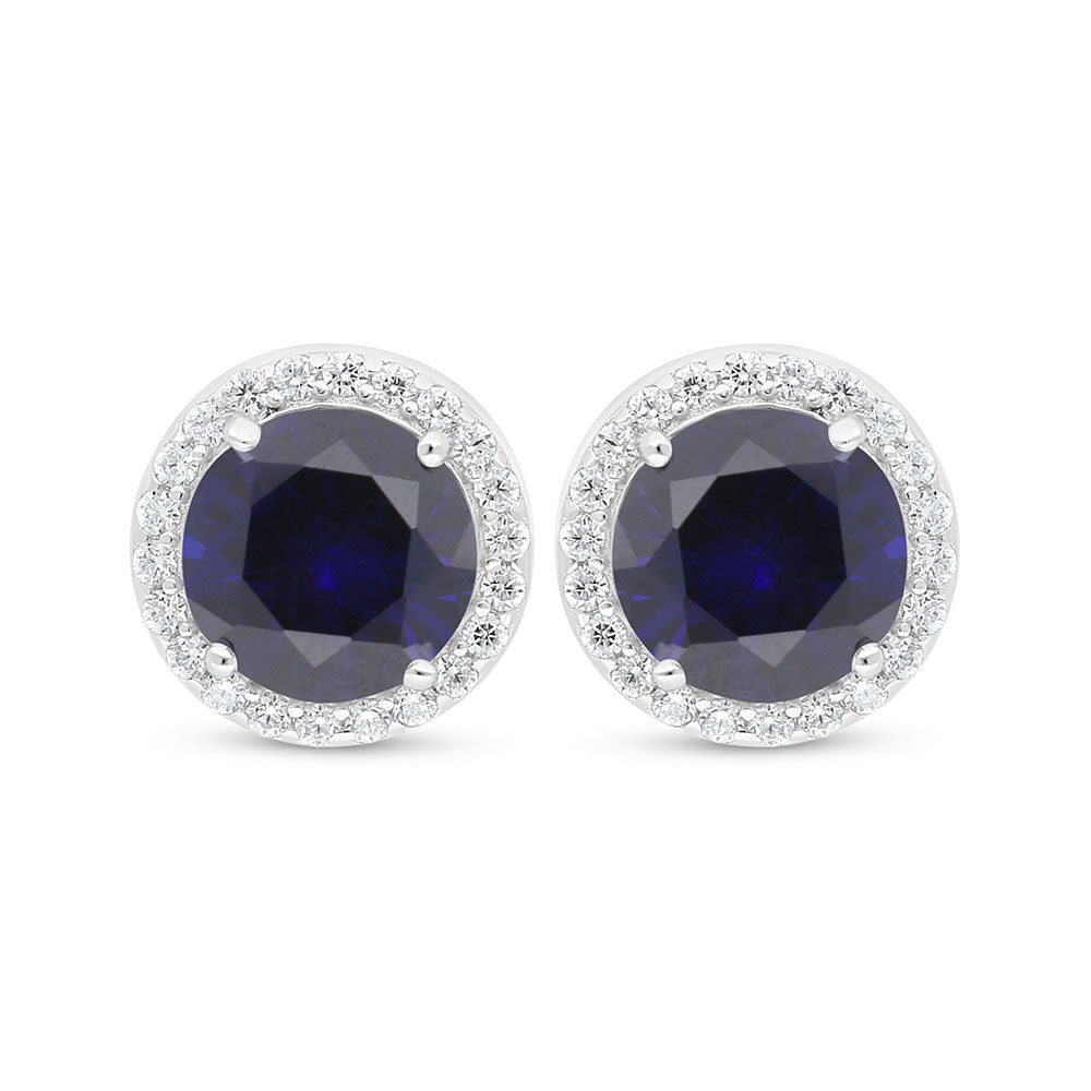 Sterling Silver 925 Earring Rhodium Plated Embedded With Sapphire Corundum And White Zircon