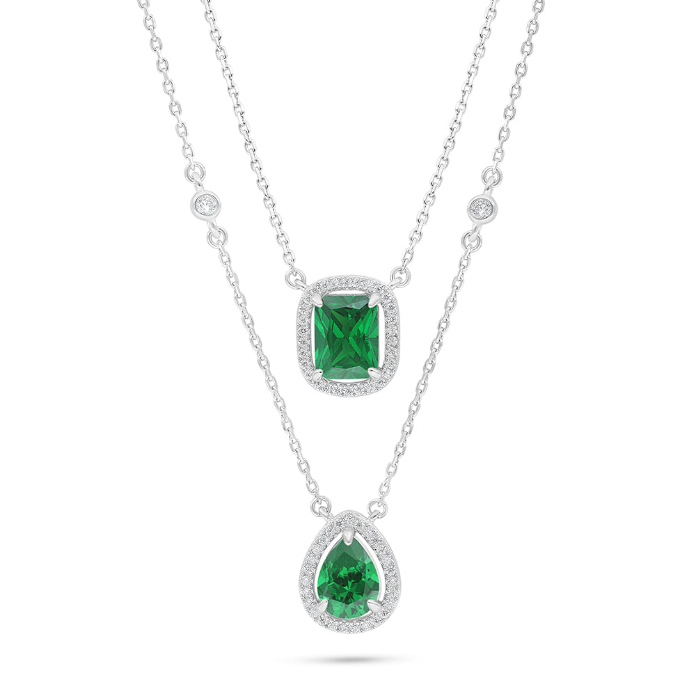 Sterling Silver 925 Necklace Rhodium Plated Embedded With Emerald Zircon And White Zircon