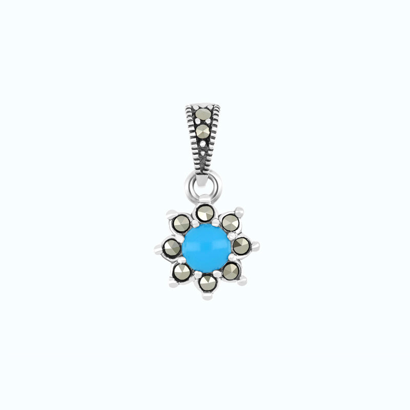 Sterling Silver 925 Pendant Embedded With Natural Processed Turquoise And Marcasite Stones