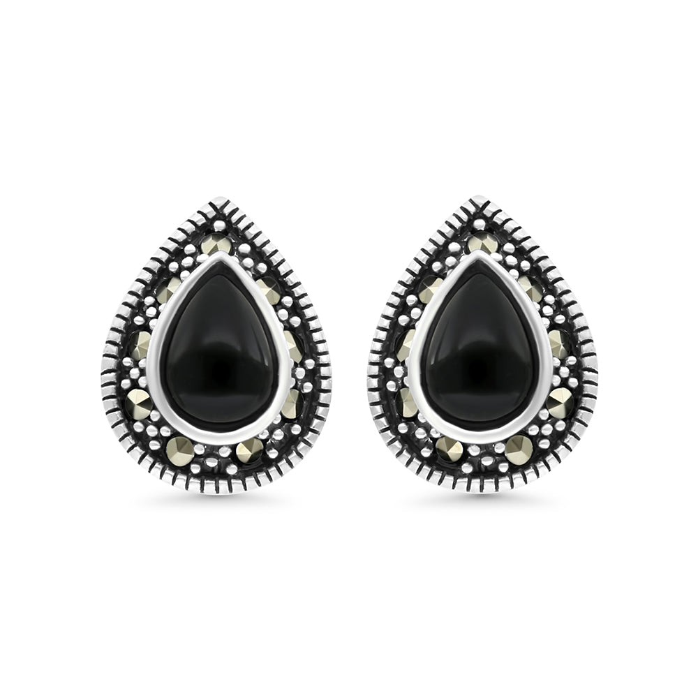 Sterling Silver 925 Earring Embedded With Natural Black Agate And Marcasite Stones