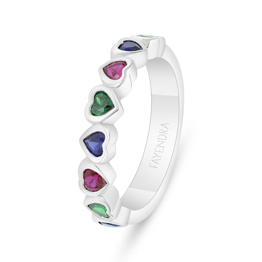 Sterling Silver 925 Ring Rhodium Plated Embedded With Emerald Zircon , Sapphire Corundum , Ruby Corundum