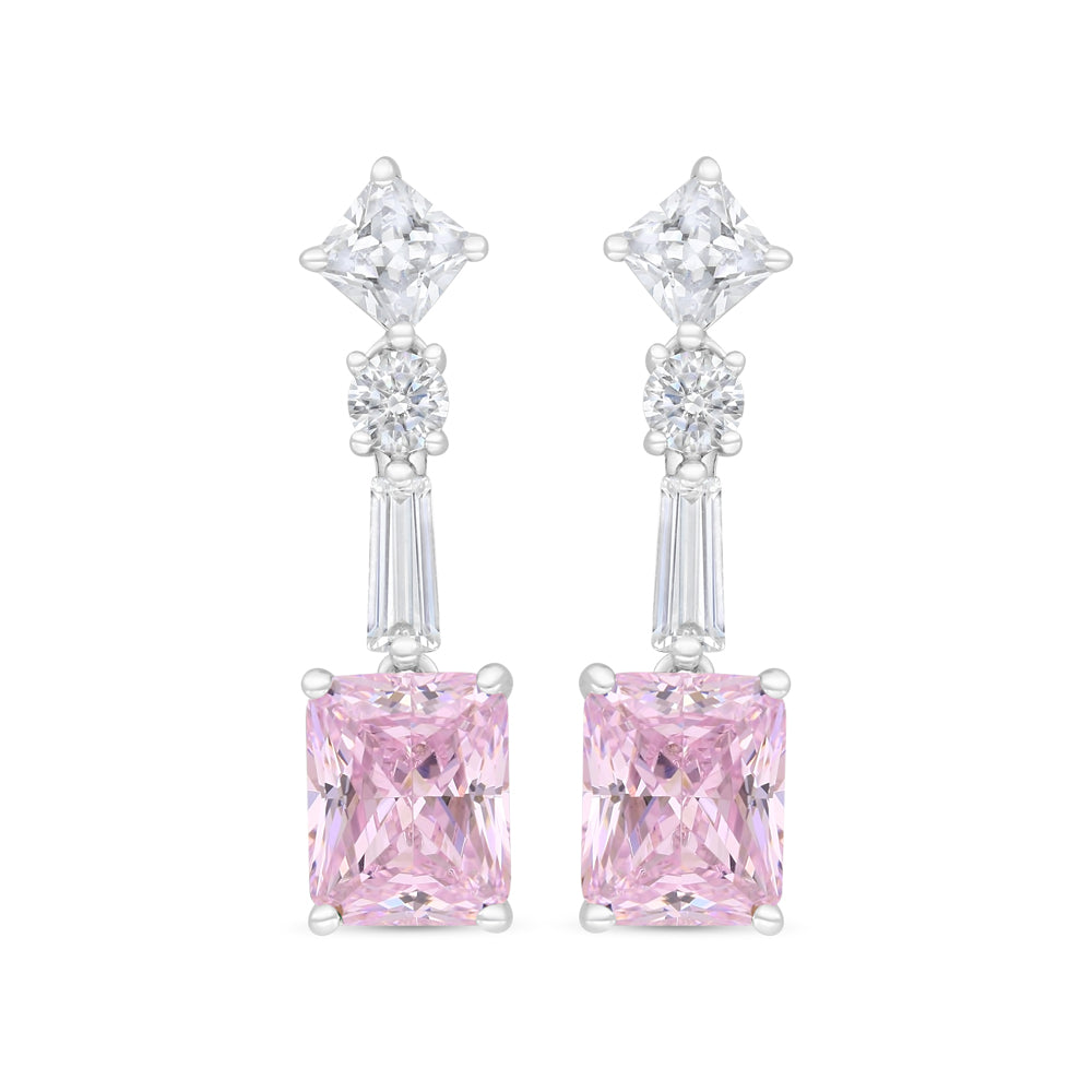 Sterling Silver 925 Earring Rhodium Plated Embedded With pink Zircon And White CZ