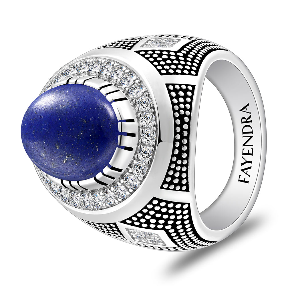 خاتم رجالي من الفضة الخالصة عيار925 مطلي روديوم و اسود مرصع احجار لابيس كابشون و فص ابيض