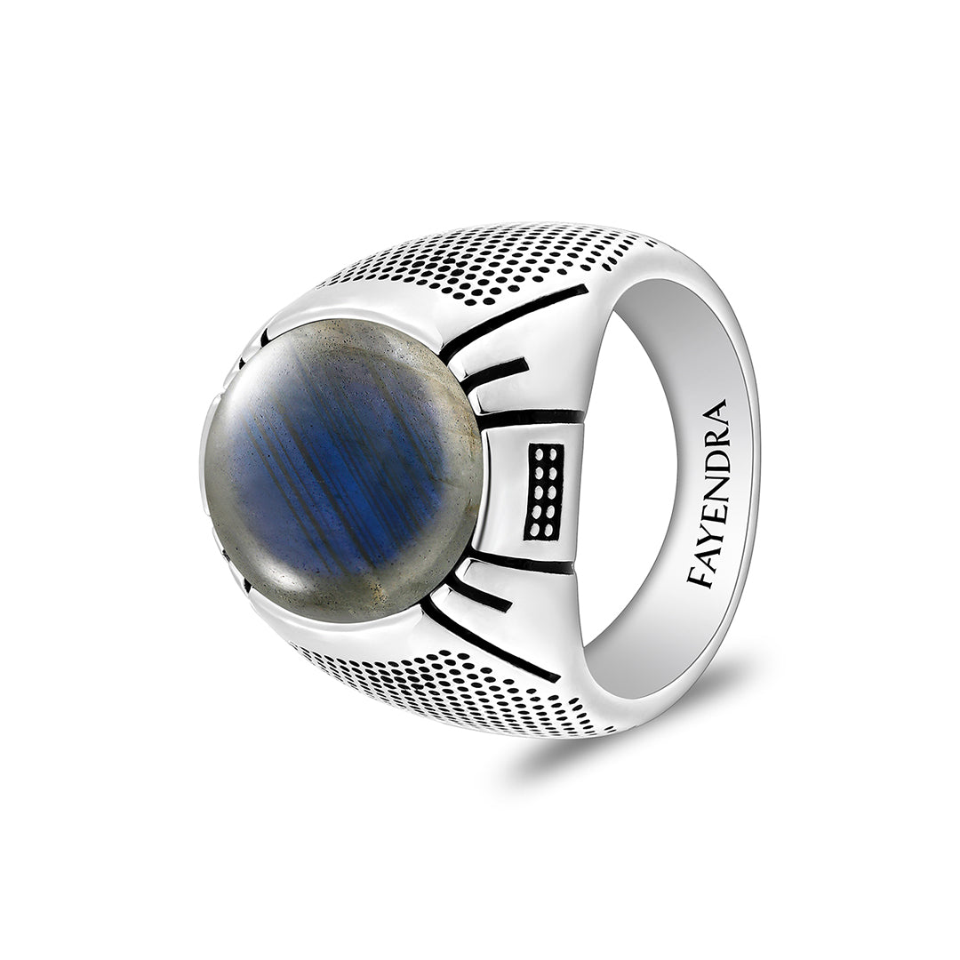 Sterling Silver 925 Ring Rhodium And Black Plated Embedded With Cabochon Labradorite For Men
