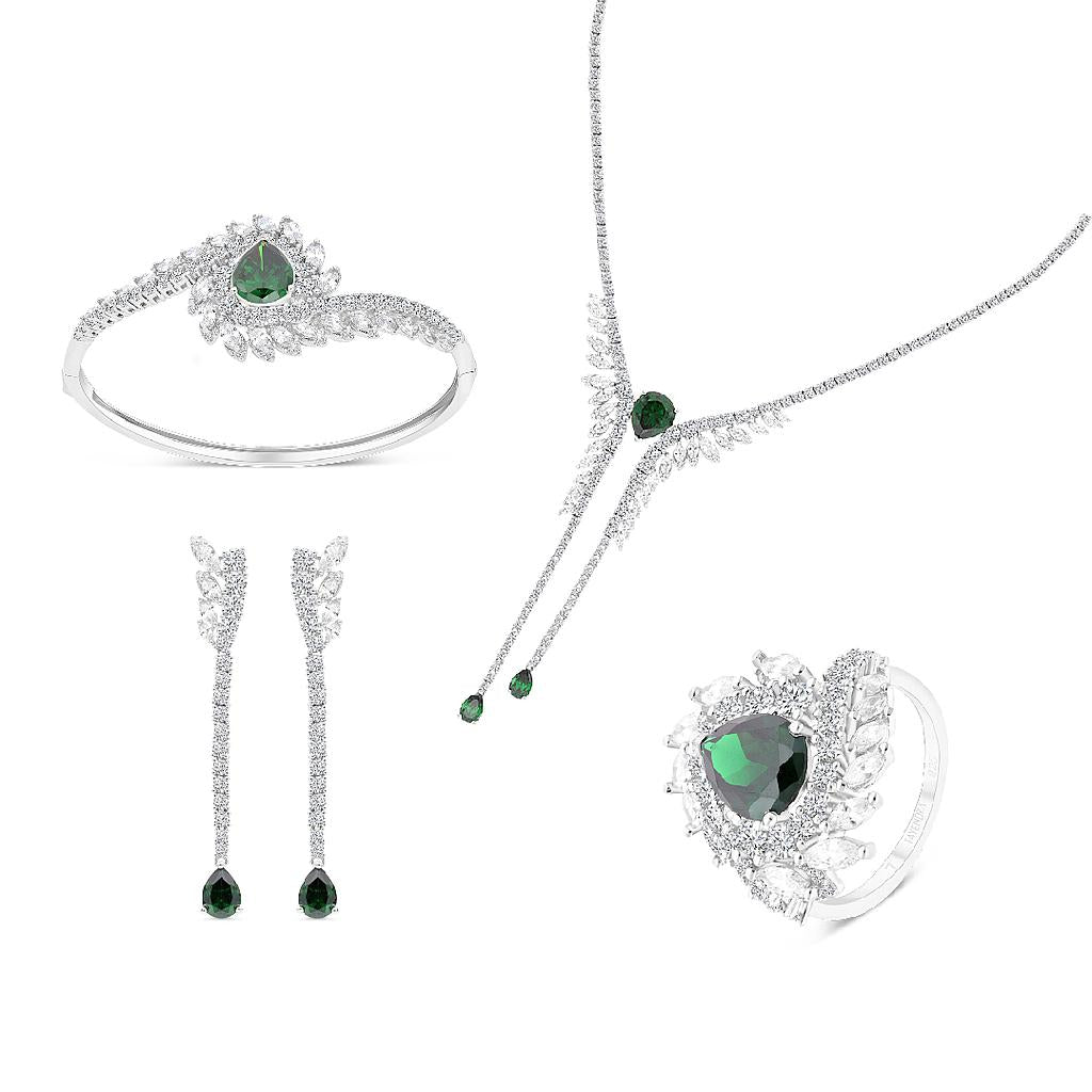 طقم فضة عيار 925 مطلي روديوم مرصع زركون زمردي و فص ابيض