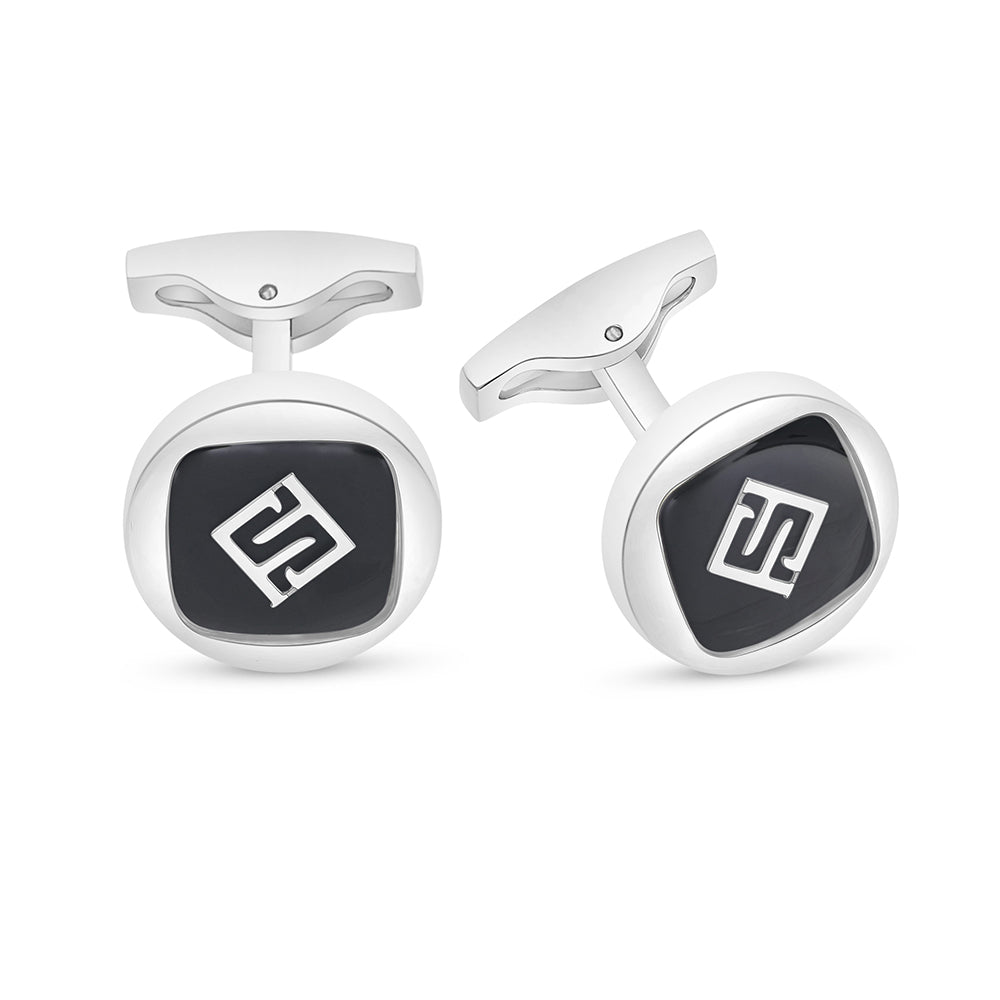 Stainless Steel Cufflink 316L Embedded With Black Agate Shiny Steel