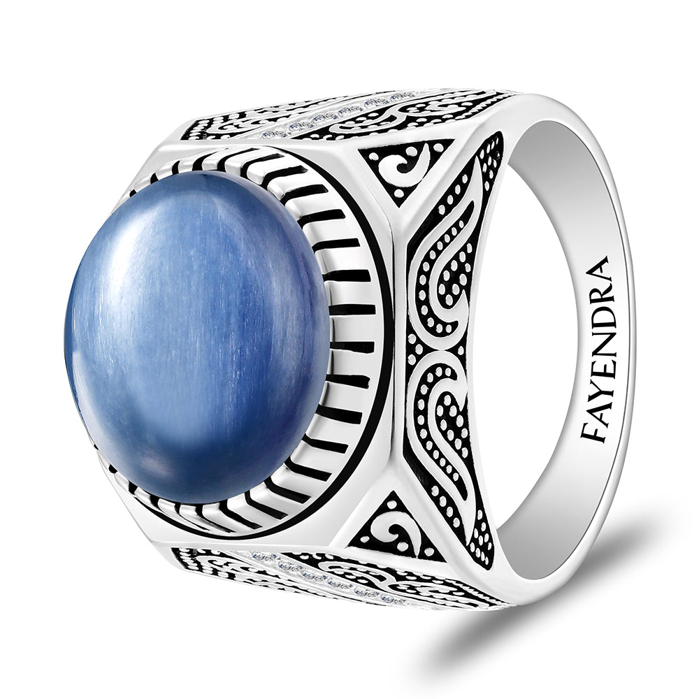 خاتم رجالي من الفضة الخالصة عيار 925 مطلي روديوم و اسود مرصع احجار كيانيت طبيعي كابشون و فص ابيض