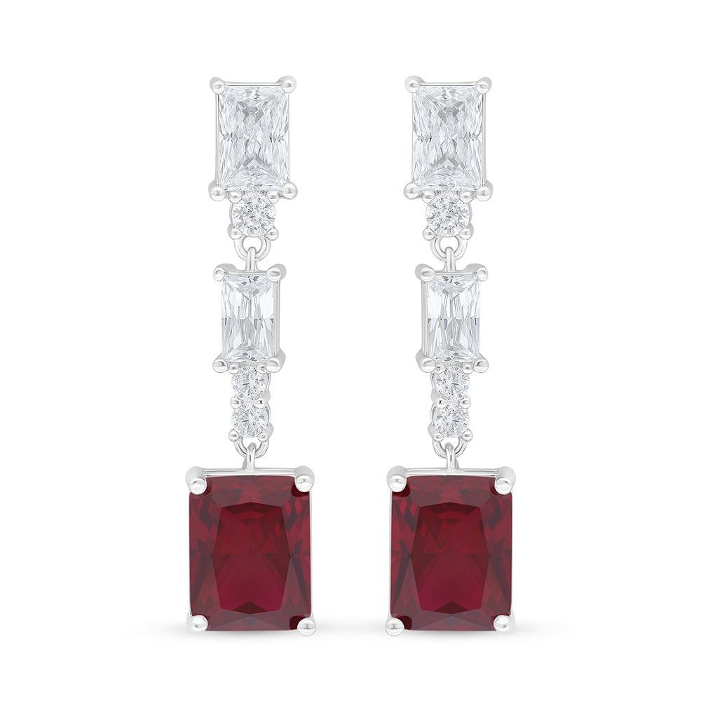Sterling Silver 925 Earring Rhodium Plated Embedded With Ruby Corundum And White Zircon