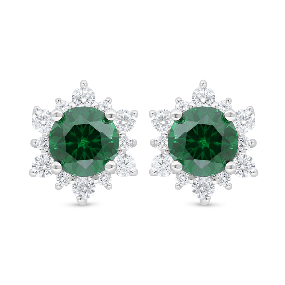 Sterling Silver 925 Earring Rhodium Plated Embedded With Emerald Zircon And White Zircon