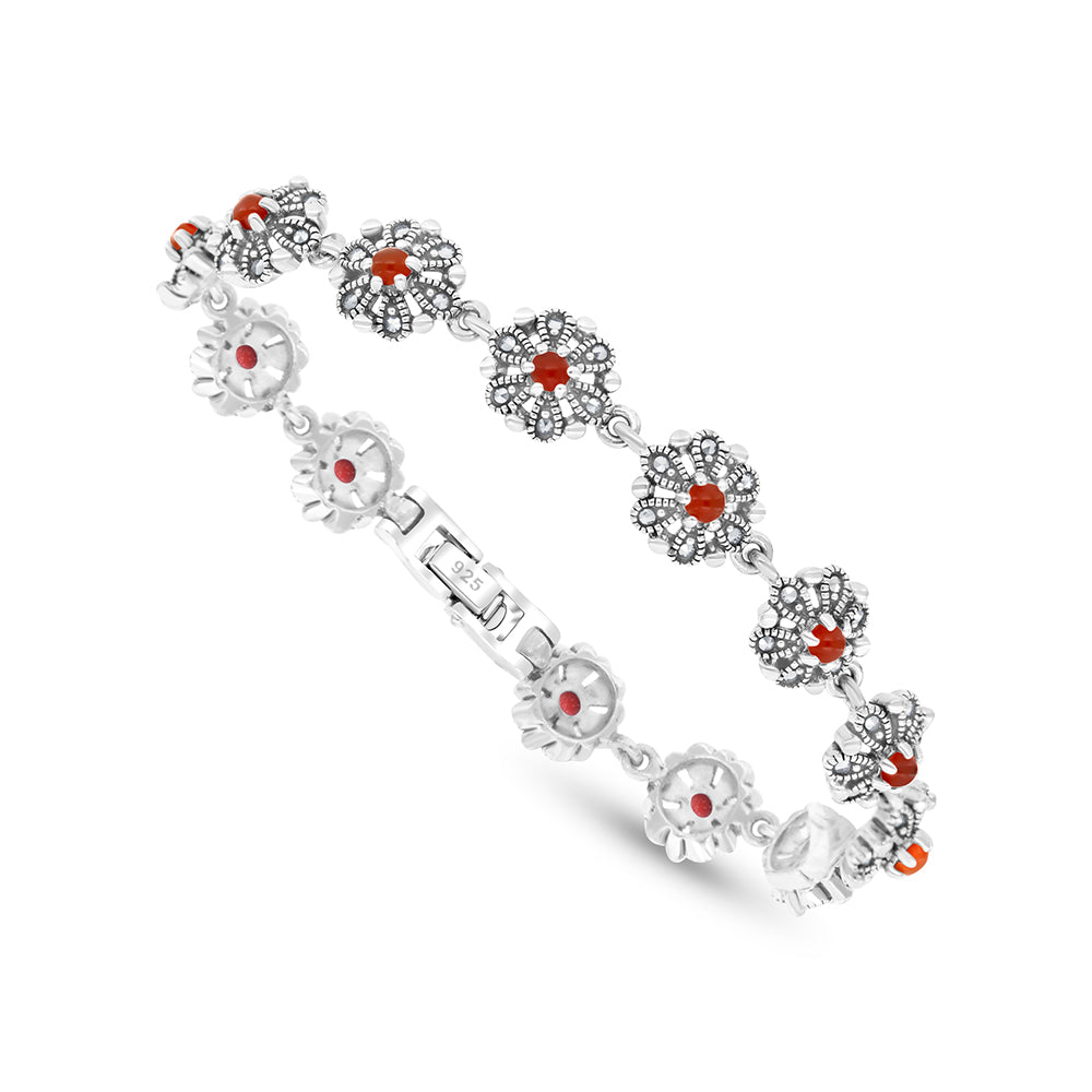 Sterling Silver 925 Set Embedded With Natural Aqiq And Marcasite Stones