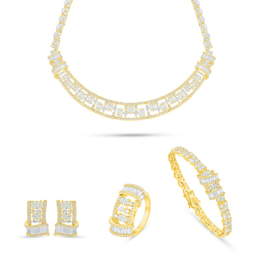 طقم من الفضة الخالصة عيار 925 مطلي ذهبي مرصع احجار زركون كناري الالماسي و فص ابيض