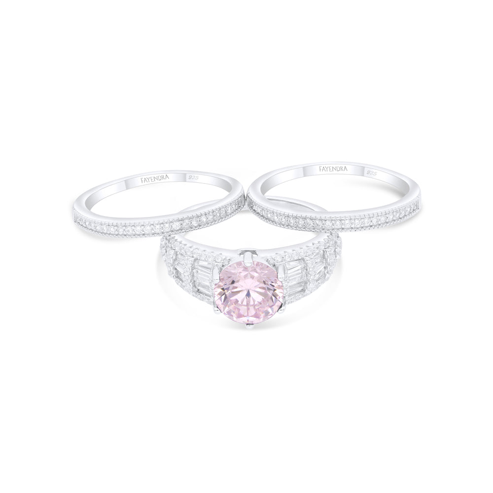 Sterling Silver 925 Ring (3pcs) Rhodium Plated Embedded With Pink Zircon And White Zircon
