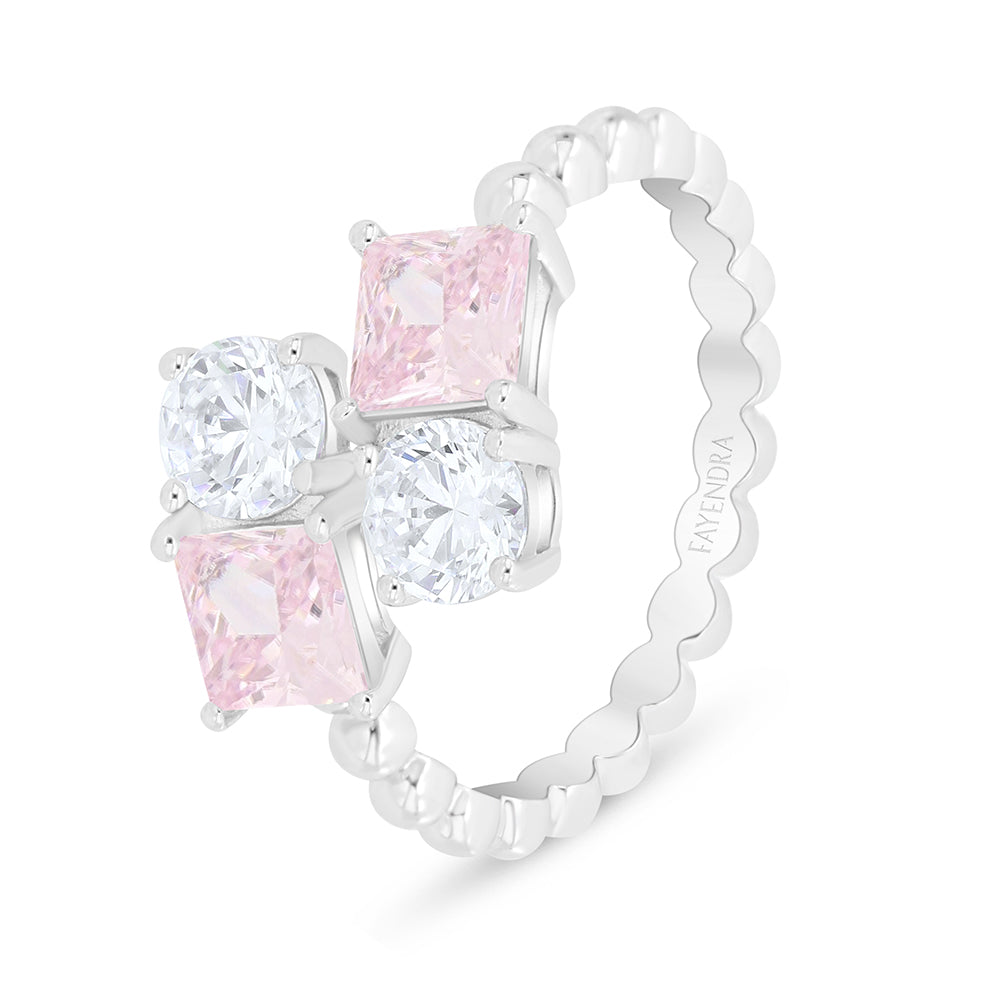 Rhodium Plated Sterling Silver Ring featuring pink and clear cubic zirconia, a modern classic in luxury jewelry.