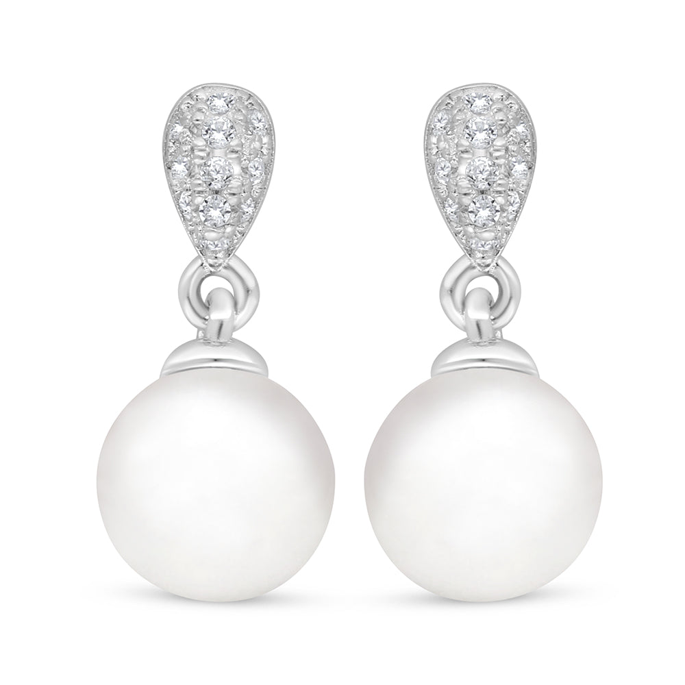 Sterling Silver 925 Earring Rhodium Plated Embedded With Natural White Pearl And White Zircon