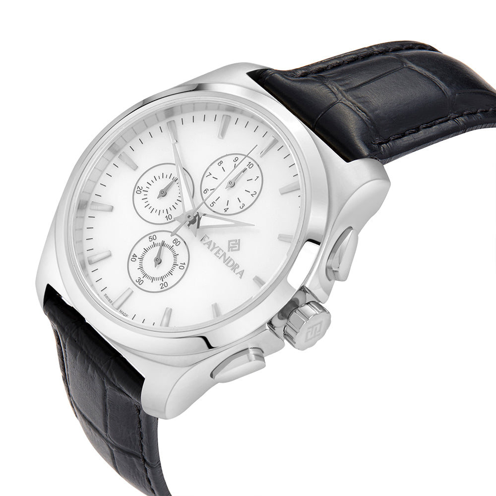 ساعة رجالي ستانلس ستيل عيار L316 بلون فضي جلد اسود - مينا حجر صدف ام اللالئ الابيض