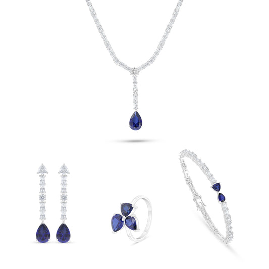 Sterling Silver 925 SET Rhodium Plated Embedded With Sapphire Corundum And White Zircon