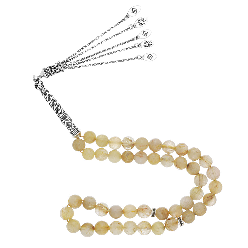 Natural Rutile Round Bead Rosary – 33 Handmade Prayer Beads with silver accents, featuring round natural rutile beads.