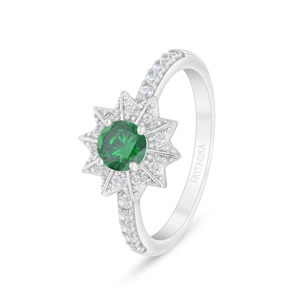 Sterling Silver 925 Ring Rhodium Plated Embedded With Emerald Zircon And White Zircon