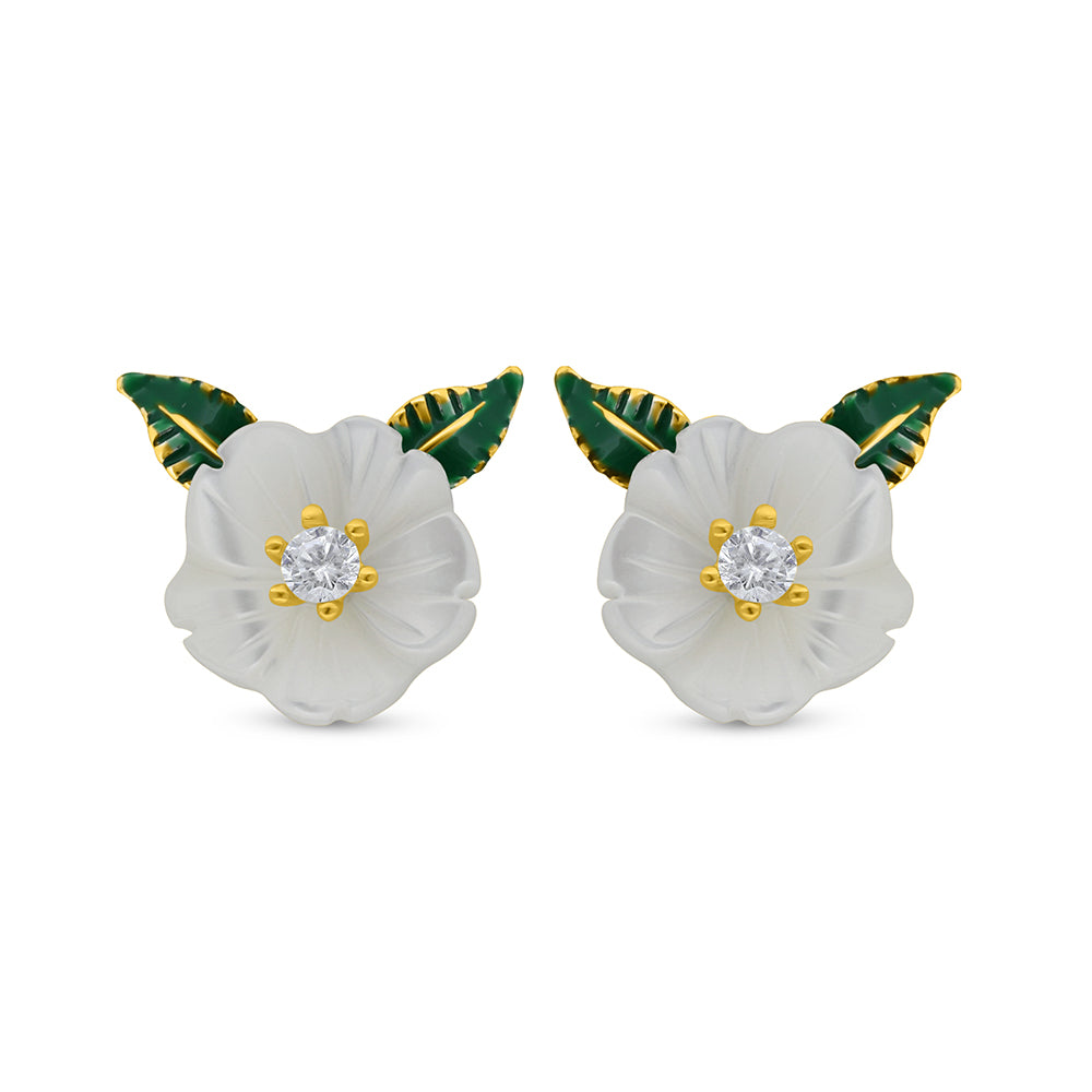 Sterling Silver 925 Earring Golden Plated Embedded With White Shell And White Zircon