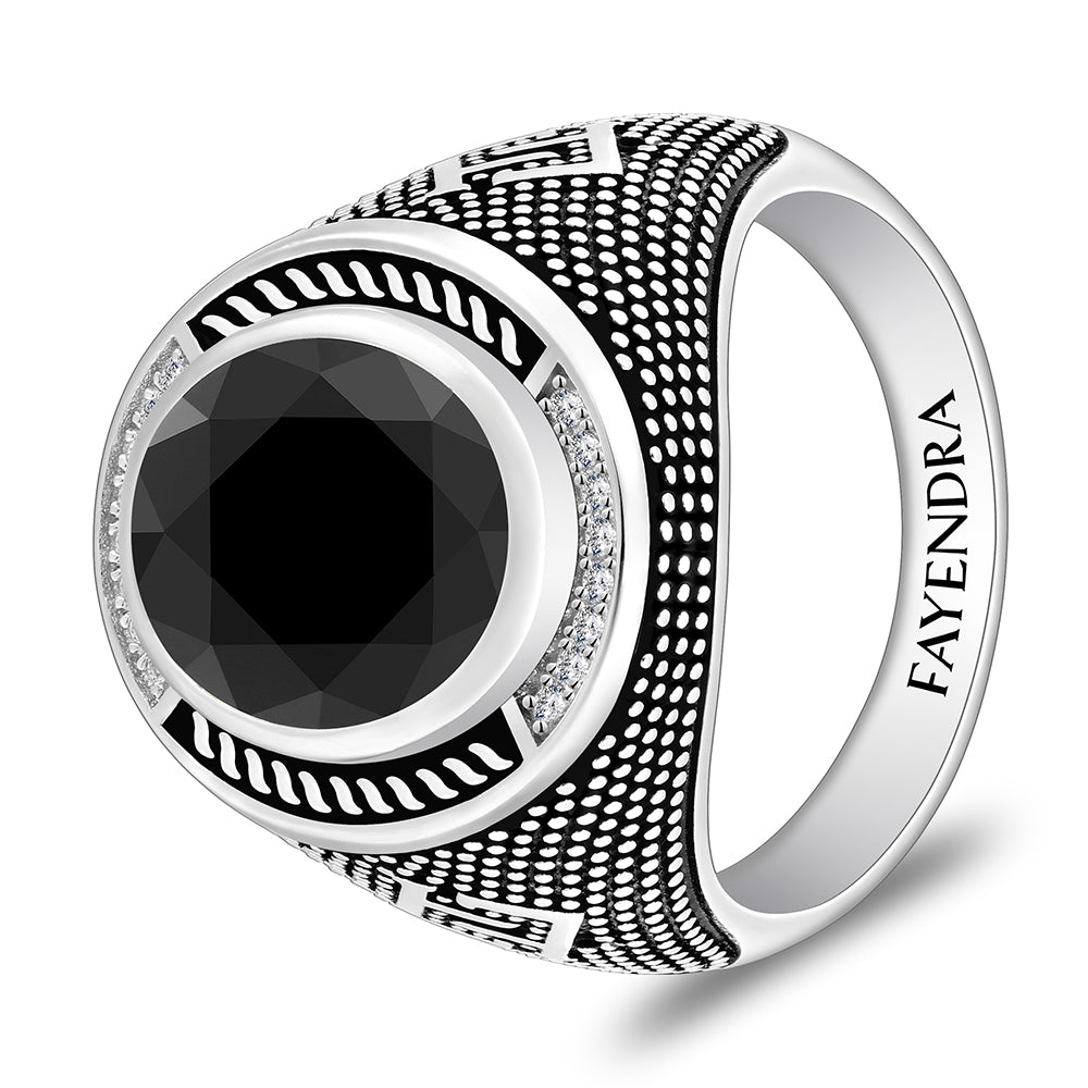خاتم رجالي من الفضة الخالصة عيار 925 مطلي روديوم و اسود مرصع احجار اونكس سبينل و فص ابيض