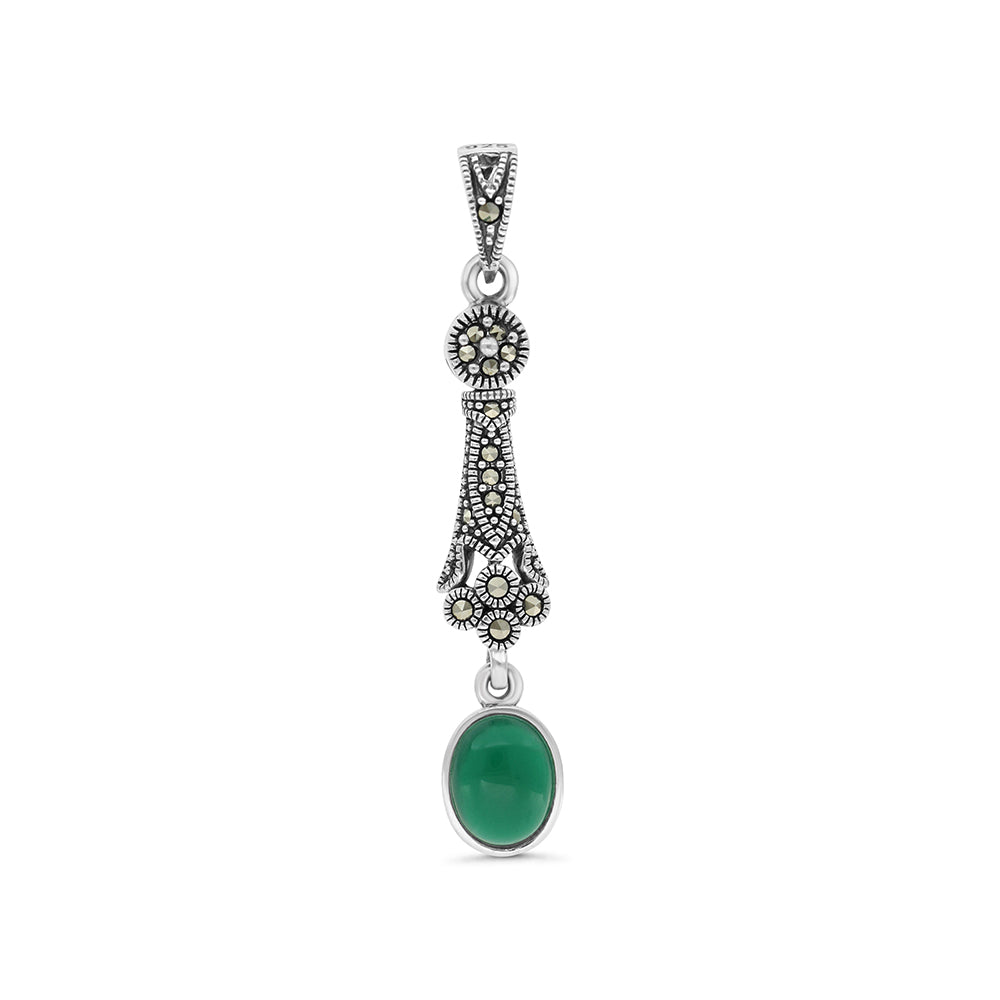 Sterling Silver 925 Pendant Embedded With Natural Green Agate And Marcasite Stones
