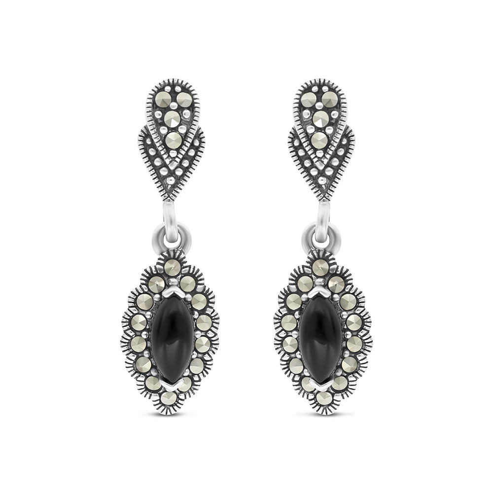 Sterling Silver 925 Earring Embedded With Natural Black Agate And Marcasite Stones